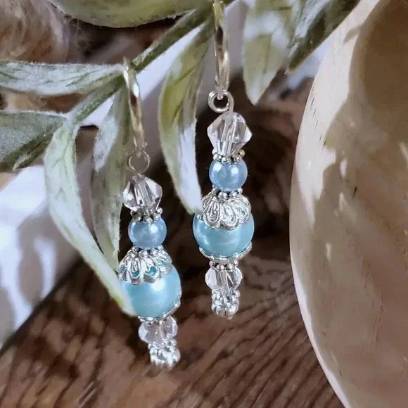 Light Blue Glass Pearl Sterling Silver Plated Handcrafted Dangle Earrings - Picture 4 of 11